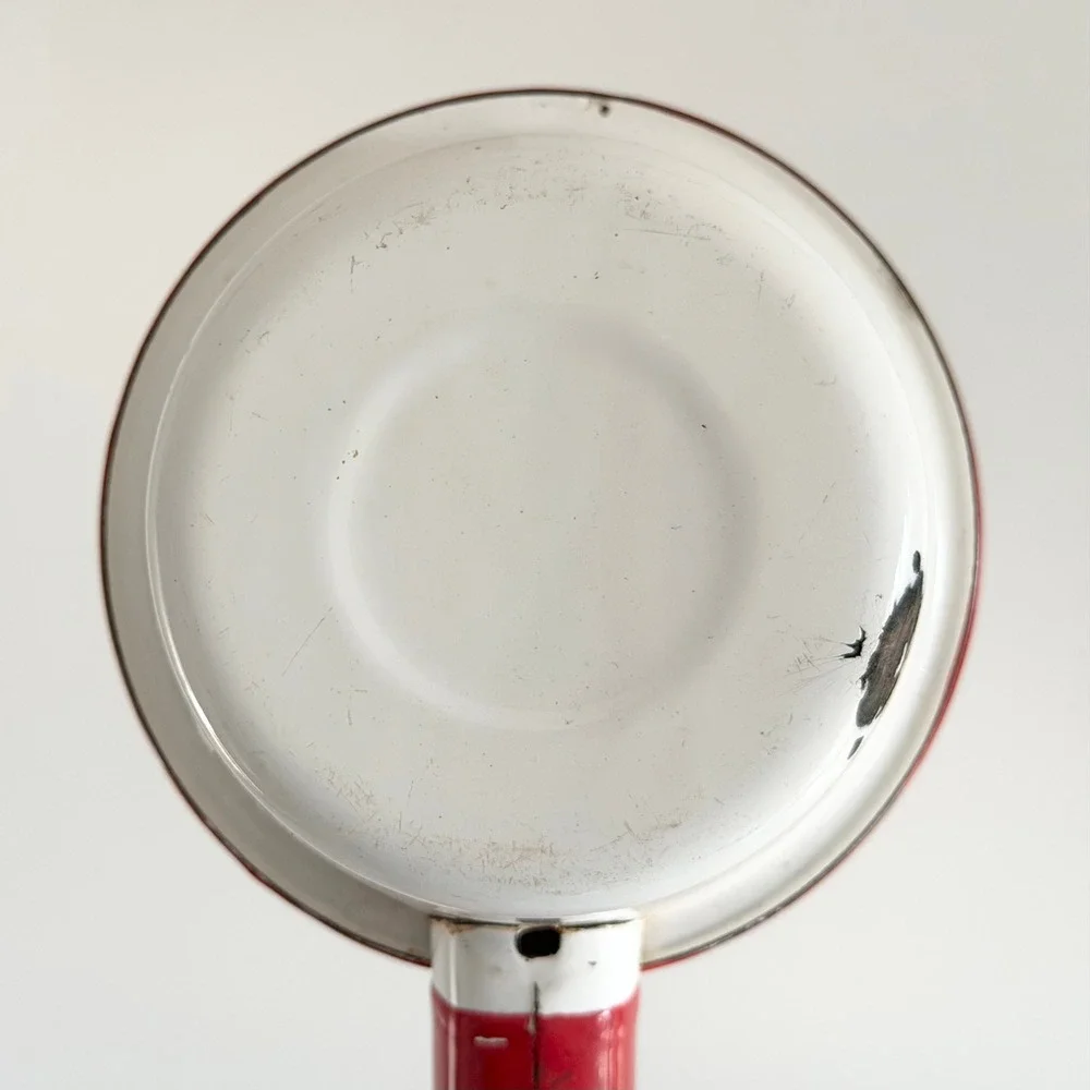Vintage Mid-Century Enamelware Sauce Pot Red/White 5